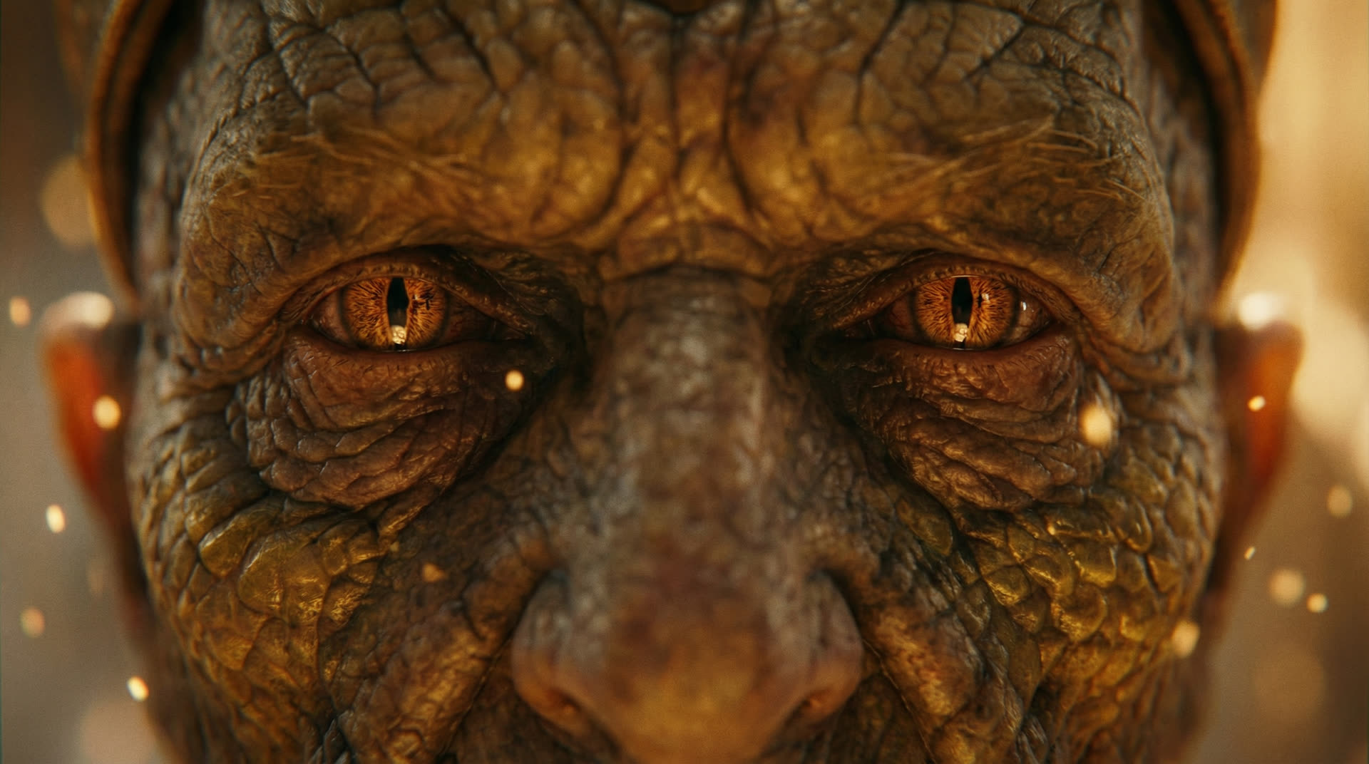 Reptiliano close-up con ojos ambar, casa de Draco